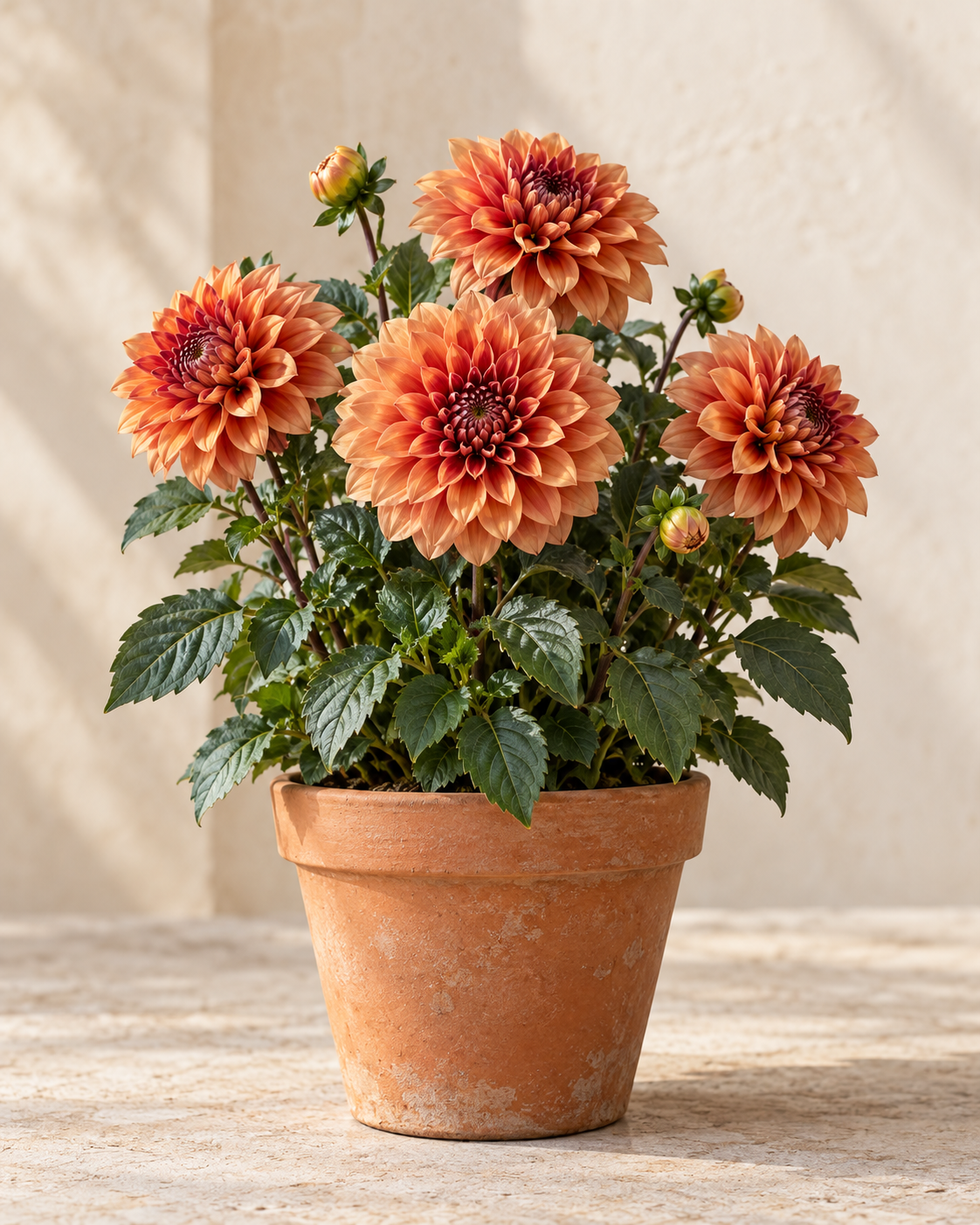Kompakte Dahlie mit kupferfarbenen Blüten im Topf