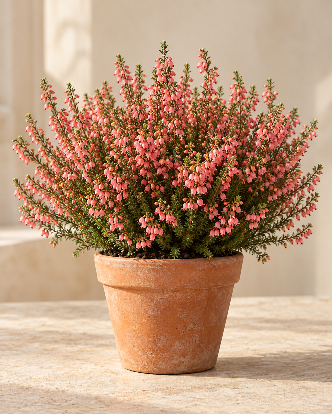 Erica gracilis mit korallenrosa Blüten im Topf
