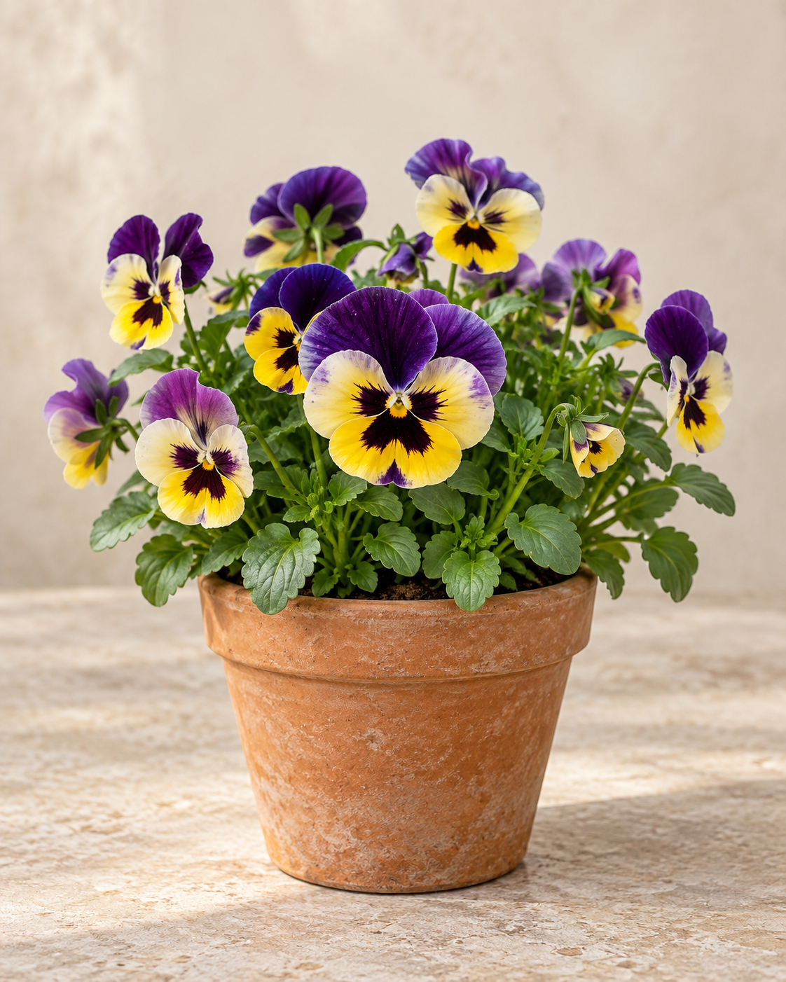Stiefmütterchen im Topf mit violetten und gelben Blüten