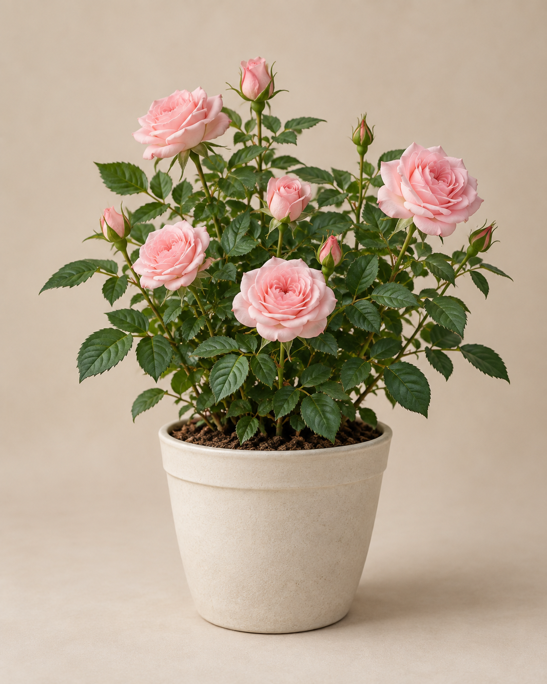 Rosa blühende Miniaturrose im Topf, illustratives Pflanzenporträt