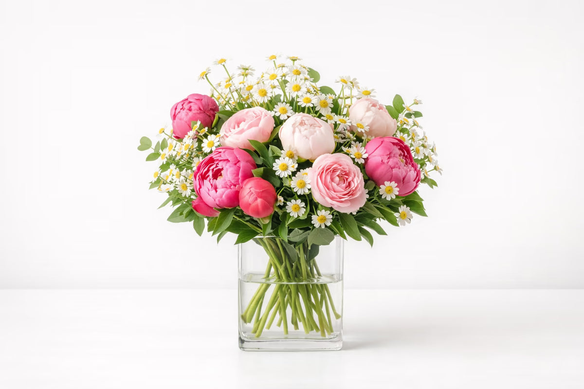 Romantischer Pfingstrosenstrauß mit Kamille – Premium Bouquet