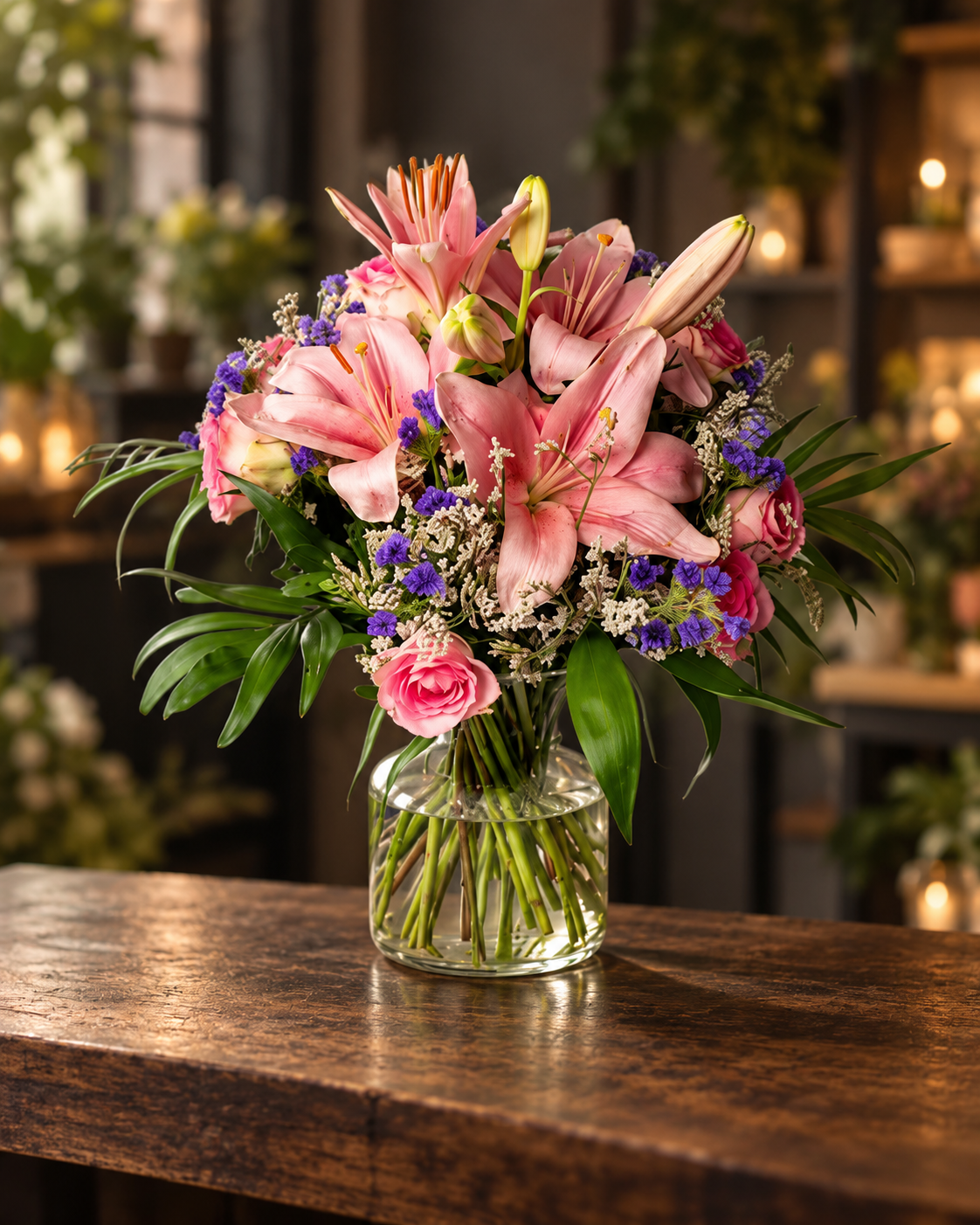Blumenstrauß in Lila & Rosa – stilvolles Produktfoto vor einem warmen, dunklen Hintergrund