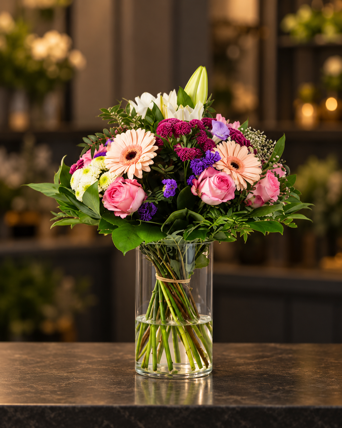 Farbenfroher Blumenstrauß – stilvolles Produktfoto vor einem warmen, dunklen Hintergrund
