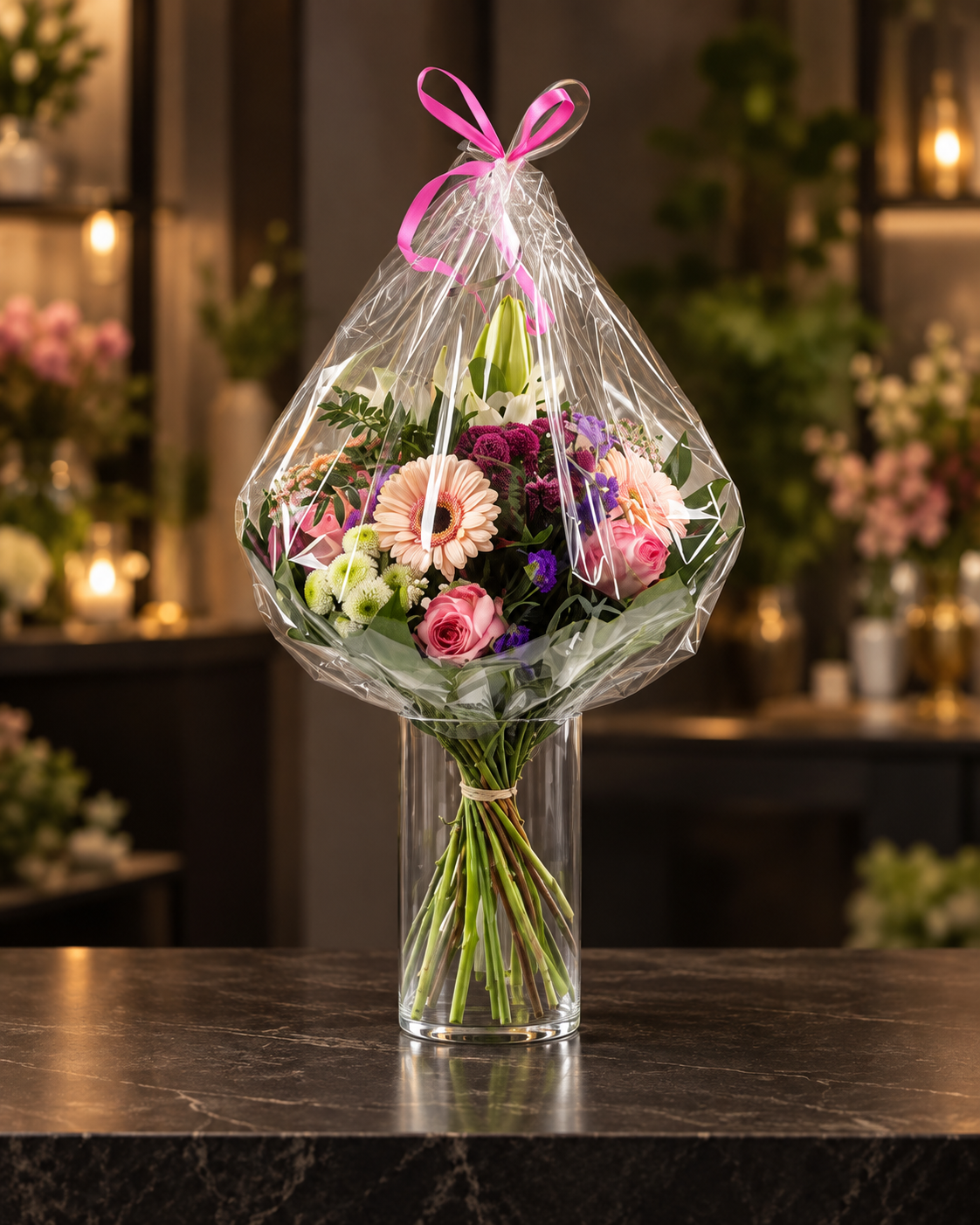 Farbenfroher Blumenstrauß – stilvolles Produktfoto vor einem warmen, dunklen Hintergrund