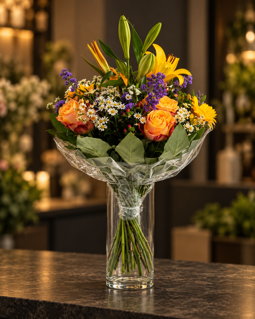 Sommerlicher Blumenstrauß – stilvolles Produktfoto vor einem warmen, dunklen Hintergrund