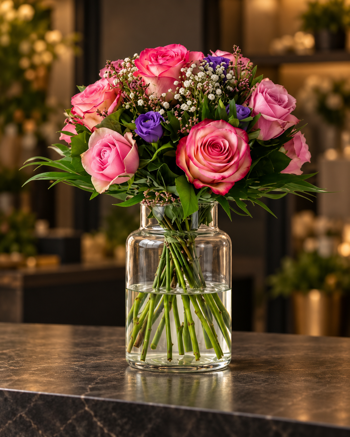 Rosa Rosenstrauß mit Schleierkraut