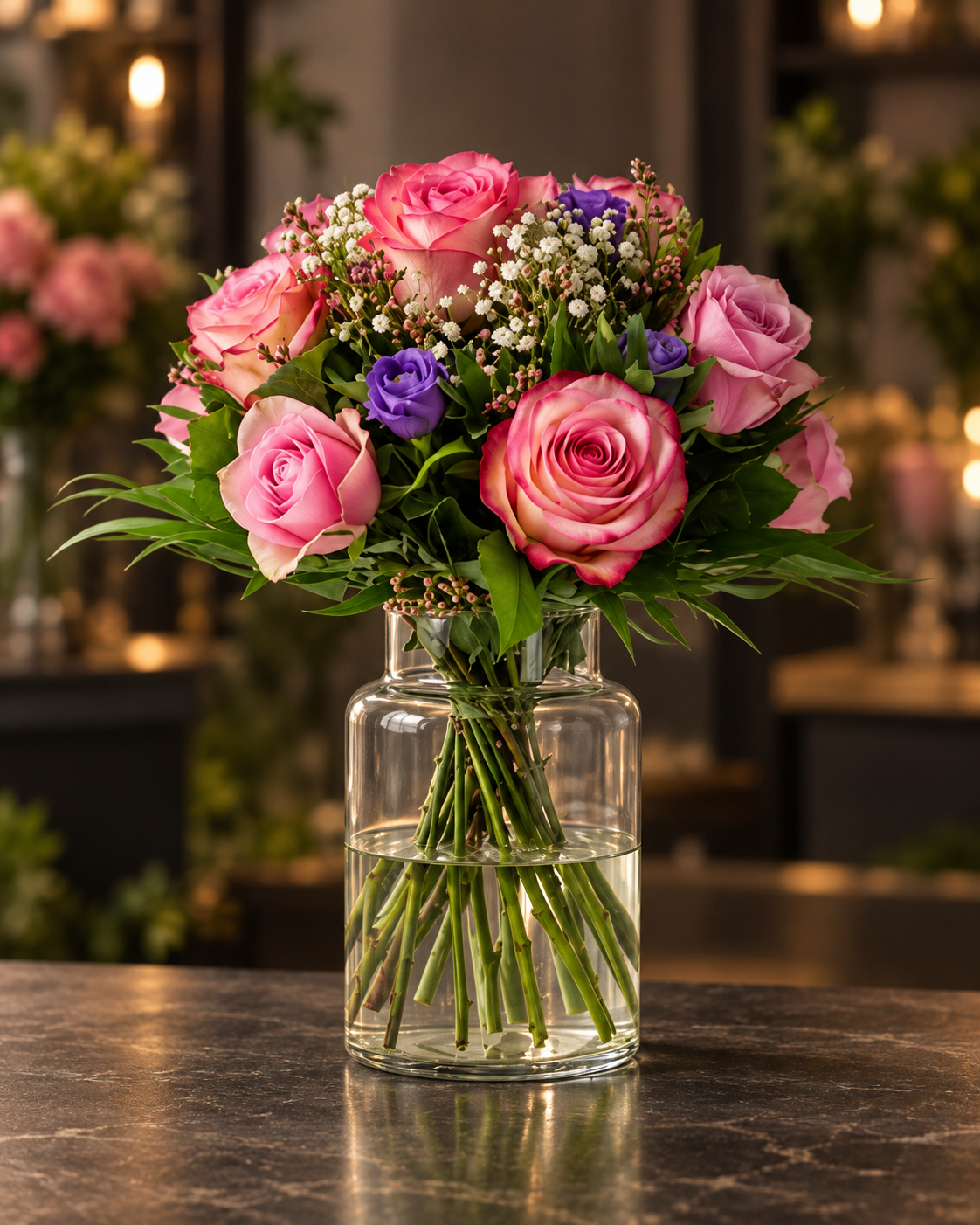 Rosa Rosenstrauß mit violetten Akzenten
