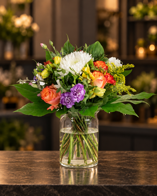 Gemischter Blumenstrauß mit orangefarbenen Rosen, weißen Chrysanthemen und lilafarbenen Blüten