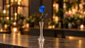 Exklusive blaue Rose in Glasvase als außergewöhnliche Schnittblume von FLORÉ Blumen Hamburg. – warmer FLORÉ Hintergrund