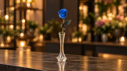 Exklusive blaue Rose in Glasvase als außergewöhnliche Schnittblume von FLORÉ Blumen Hamburg. – warmer FLORÉ Hintergrund