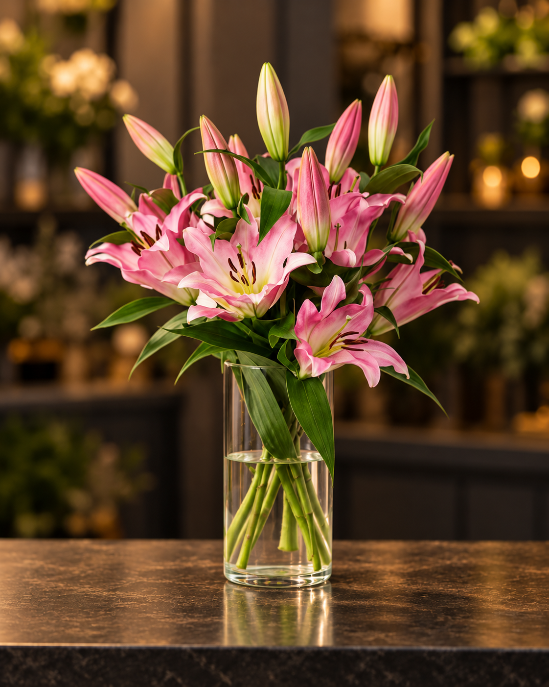 Rosa Lilienstrauß mit offenen Blüten und Knospen in einer Glasvase vor warmem FLORÉ Hintergrund