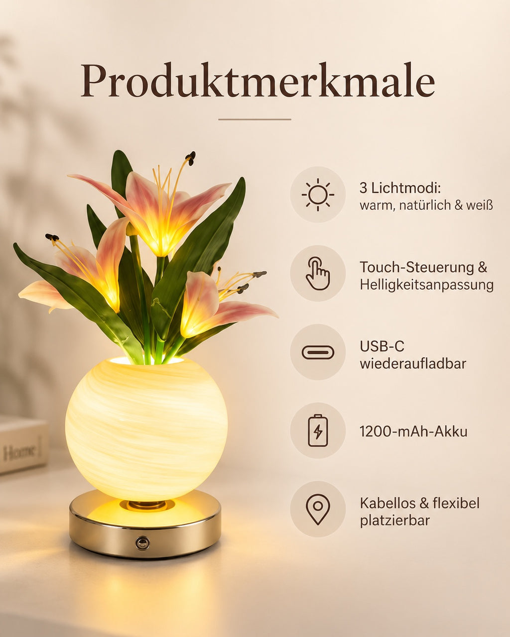 Lily Bloom Lamp Produktmerkmale – Lichtmodi, Touch, USB-C und 1200-mAh-Akku
