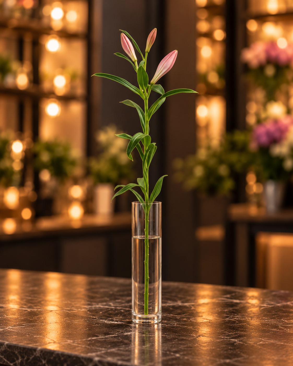 Einzelner Lilienstiel mit rosa Knospen und länglichen grünen Blättern