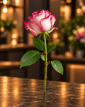 Einzelne weiß-pinkfarbene Rose mit pinkfarbenen Blütenrändern und grünem Stiel