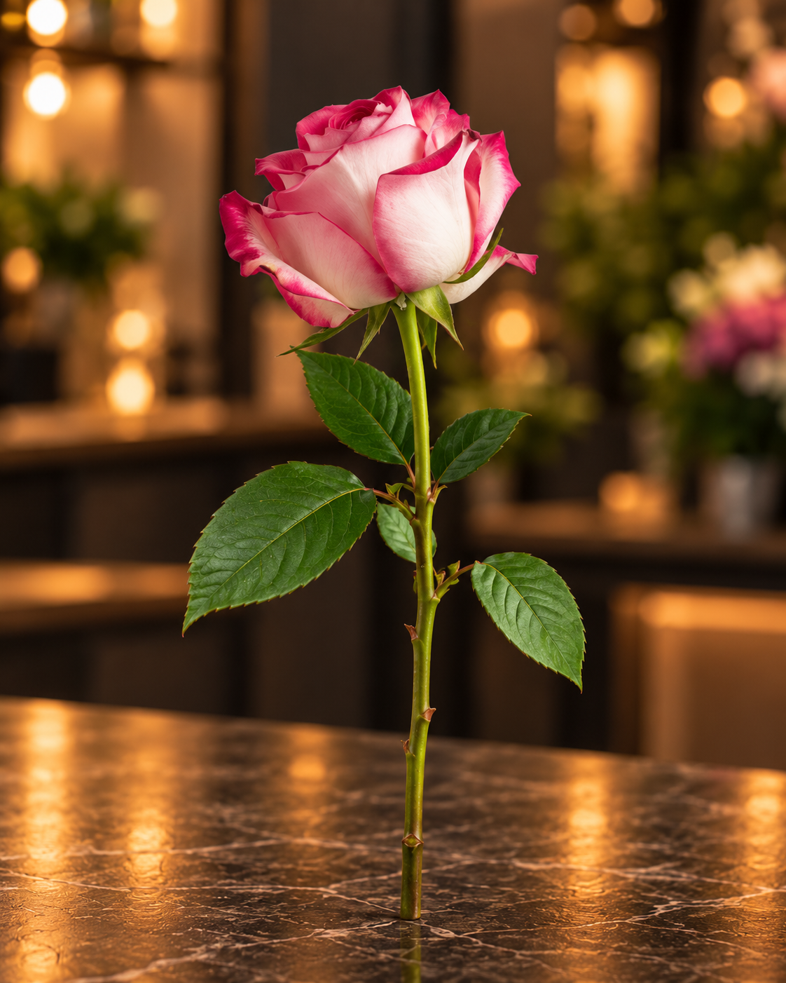 Einzelne weiß-pinkfarbene Rose mit pinkfarbenen Blütenrändern und grünem Stiel