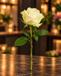 Einzelne cremeweiße Rose mit natürlichem Blattgrün vor warmem dunklem Hintergrund